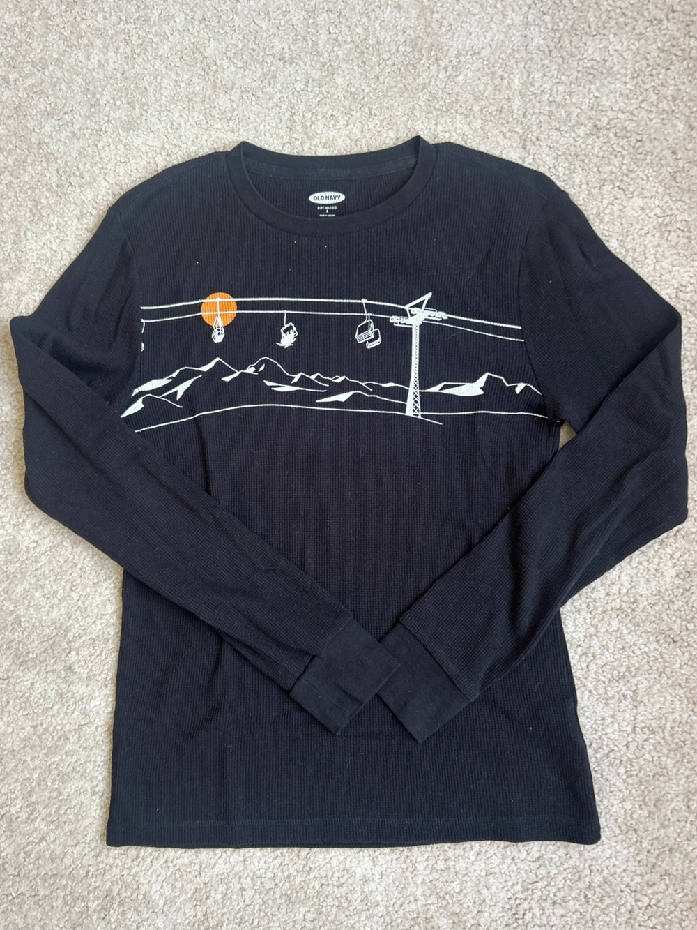 Old Navy Black Long-Sleeve Thermal Shirt with Mountain and Cable Car Graphic